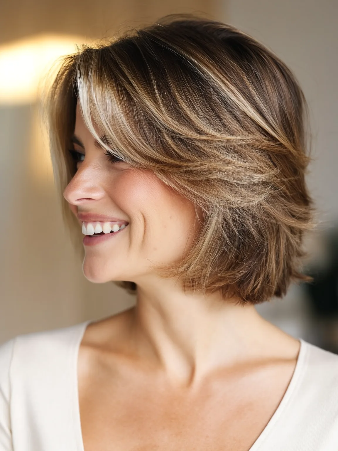 Layered Bob with Honey Blonde Highlights in Caramel Brown
